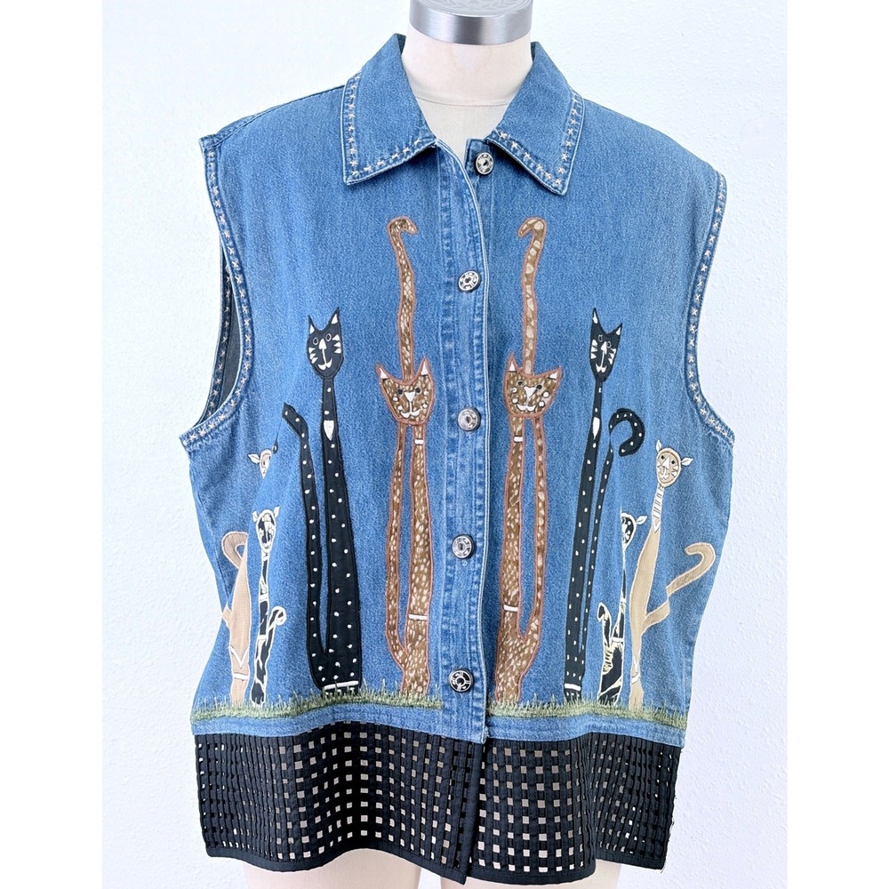 Dress Barn Denim Vest Blue Embroidered Cat Novelty Lattice Trim 2X